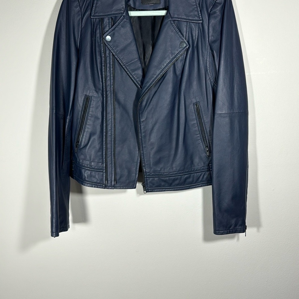JOIE Caldine Moto Jacket Navy Blue Leather Zip Up Collared Women’s Size Medium - Picture 9 of 16